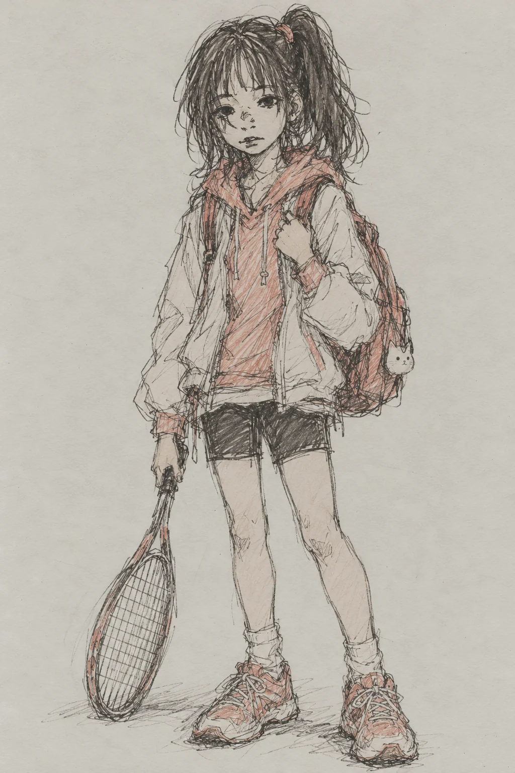 初期案と同じ服装のアオイ。瞳は黒く沈み、目の下と口元に濃い線が重なっている。