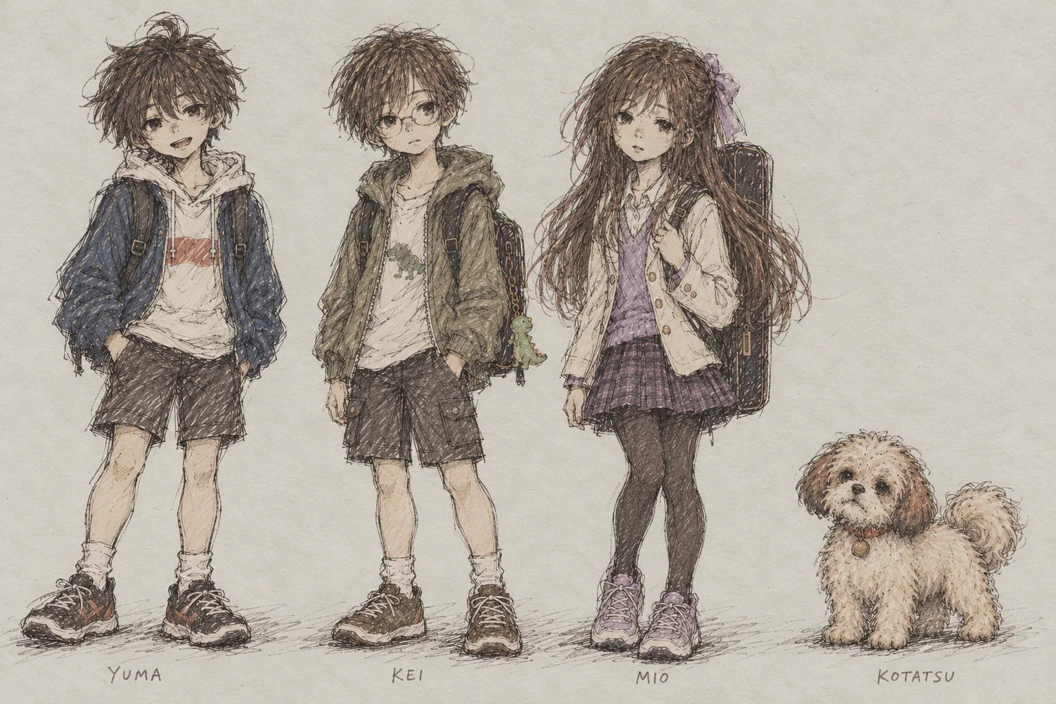 左からユウマ、眼鏡のケイ、長髪のミオ、犬のコタツを並べた鉛筆画の制作シート。