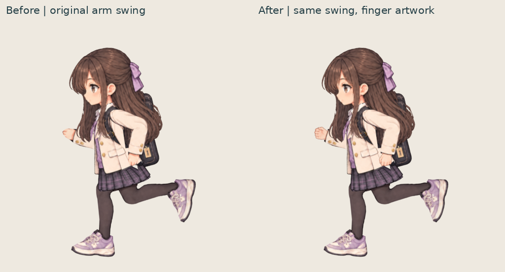 左に修正前、右に指を描き直した後のミオ。同じ左向きの走る姿勢で、手の描き方を比較している。