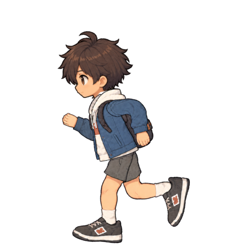 リュックを背負ったユウマが左向きに走る姿の全身イラスト。背景は透明。