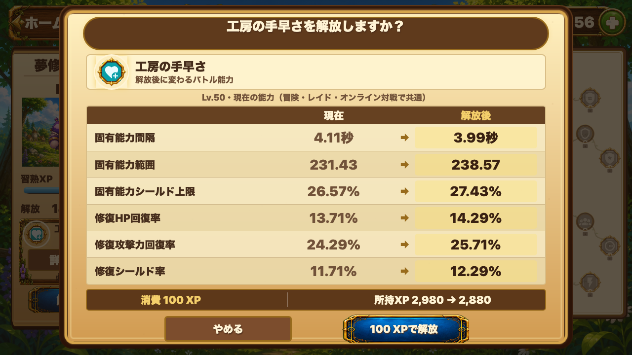 スキル解放の確認画面。「現在」と「解放後」の6項目を行ごとに比較し、下に「やめる」と解放ボタンがある。