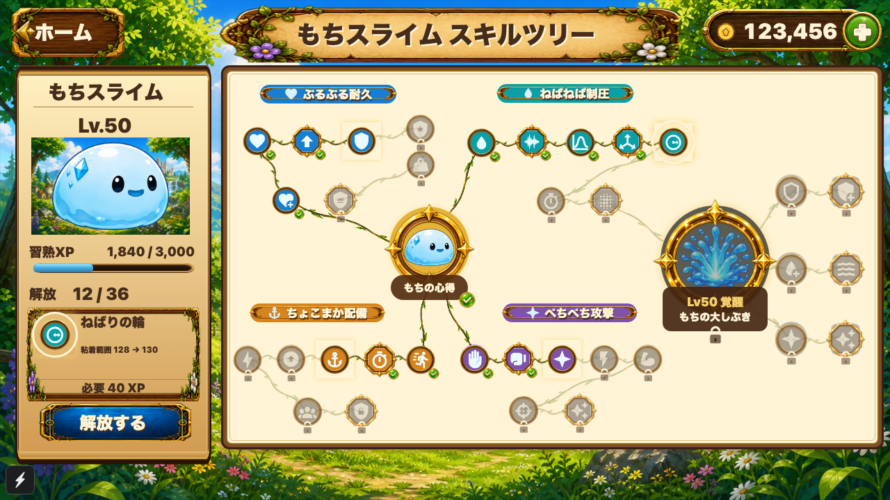 もちスライムのスキルツリー。複数の枝と中央の大きな覚醒ノードが並んでいる。